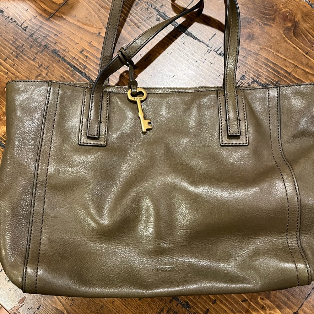 Fossil Green Leather Tote Bag with Structured Handles